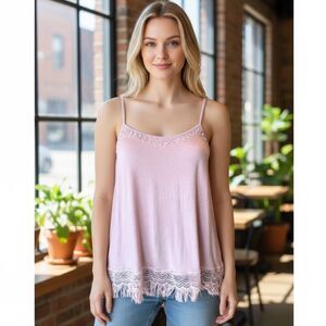 NEW POL Mauve Pink Crochet Lace Embroidered Fringe Tank Top